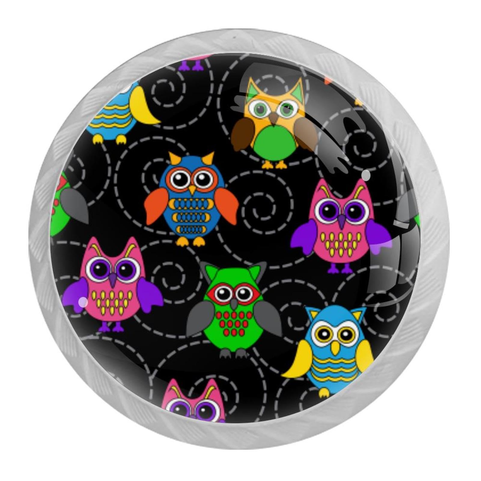 Tqmspg Multi09 4 Pieces Drawer Pulls Colorful Owls Pattern Door Knobs Dresser Handles For Kitchen Wardrobe Cupboard Hardware Furniture
