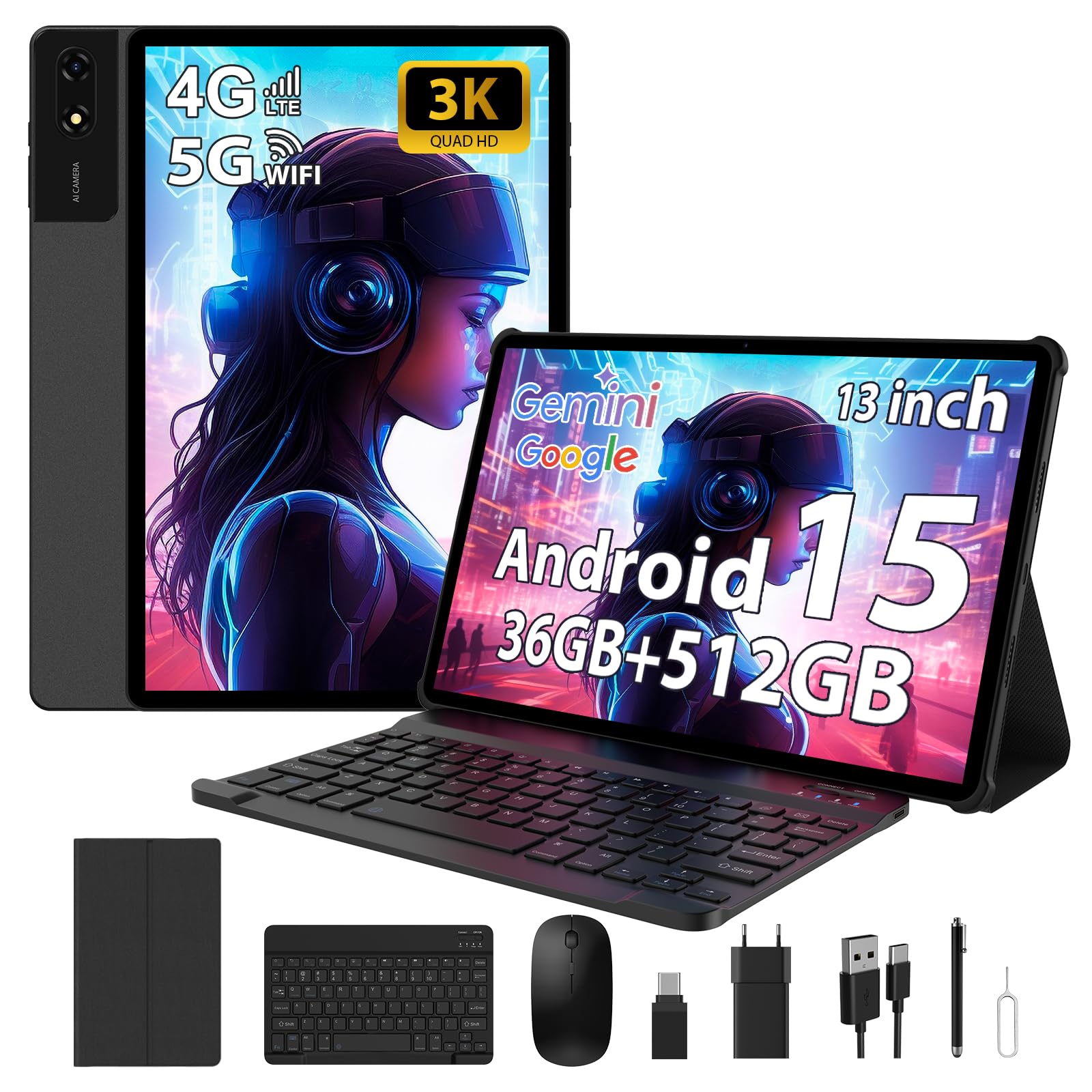 TIGERFU Tablet 13 Pollici, Android 15 Tablet con SIM e WiFi, 36(12+24) GB RAM+512GB ROM, Helio G99, 2.2GHz Octa-Core Gaming Tablets, 9200mAh, Widevine L3, 13MP+8MP, 2944x1840 IPS, 18W Charge - Nero