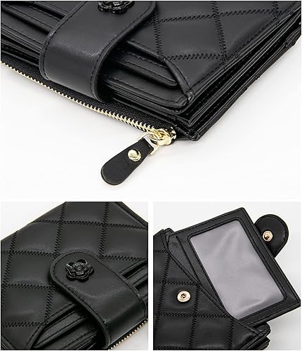 Miniatura 4 de LJCZKA Cartera de cuero vegano para mujer, tarjetero RFID, pequeño bolsillo con cremallera, billetera corta con ventana para identificación, Negro