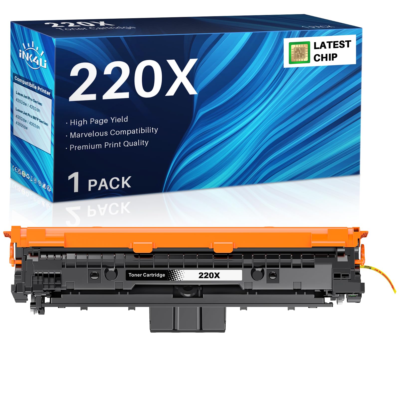 INK4U 220X W2200X Nero Cartuccia Toner (Chip Recente, Alta Capacità) Compatibili per HP 220A 220X Nero con Color Laserjet Pro 4202dn 4302fdn MFP 4302dw 4302fdw 4202dw 4202dn 4302fdn (W2200X 1-Nero)