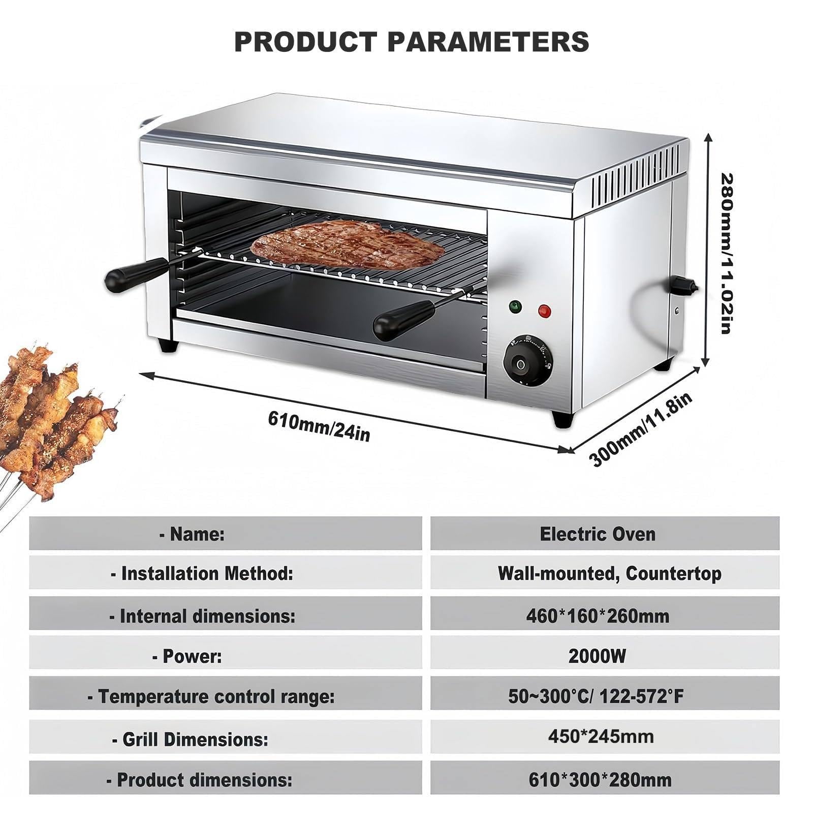 Grill Salamandra Comercial de Sobremesa, Rejilla Ajustable, Fundidor de Queso Eléctrico 2000W, Horno de Acero Inoxidable para Fundir Queso, Tostar Sándwiches, Asar Filetes - 50-300℃