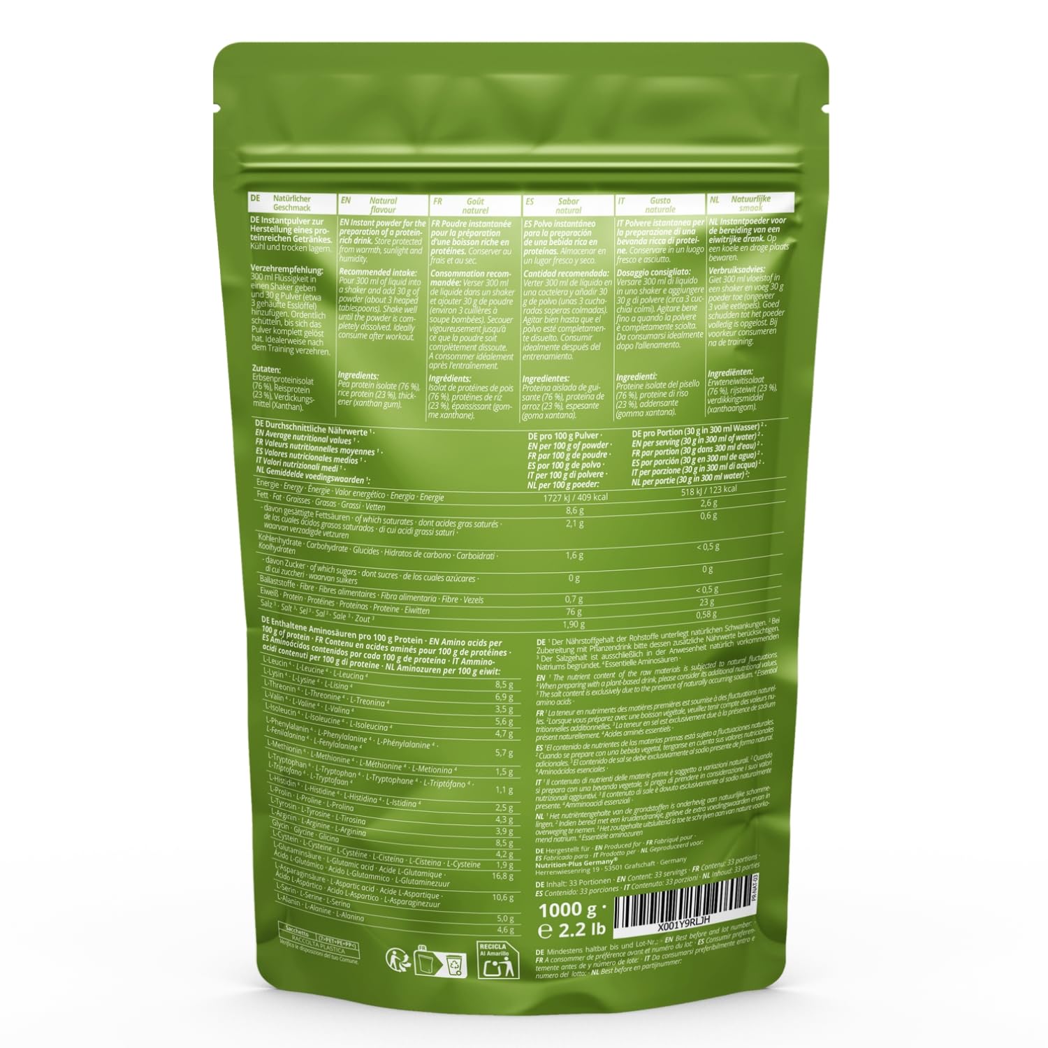Proteine del Pisello + Riso neutre 1 kg - Proteina vegana in Polvere senza Soia, Zucchero, Lattosio o Edulcorante, Sucralosio - Natural Protein 1000 g - 77% Contenuto proteico