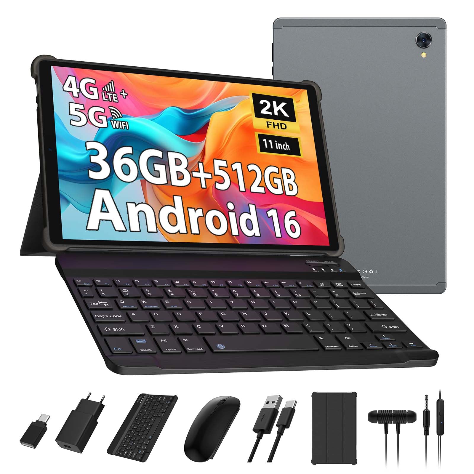 2K Android 16 Tablette 11 Pouces, 36GB RAM+512GB ROM (2TB TF), 4G LTE+5G WiFi, Octa-Core, 2000 * 1200FHD, 8000mAh, 13MP+8MP, GPS, Tablette avec Clavier ect (Gris)