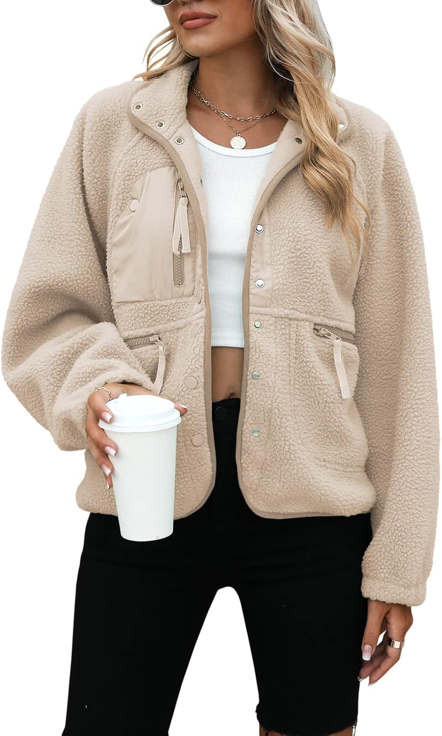 Yanekop Womens Fleece Jacket Fuzzy Long Sleeve Short Coats Button Down Sherpa Outerwear With Pockets Yanekop Womens Fleece Jacket Fuzzy Long Sleeve Short Coats Button Down Sherpa Outerwear With Pockets