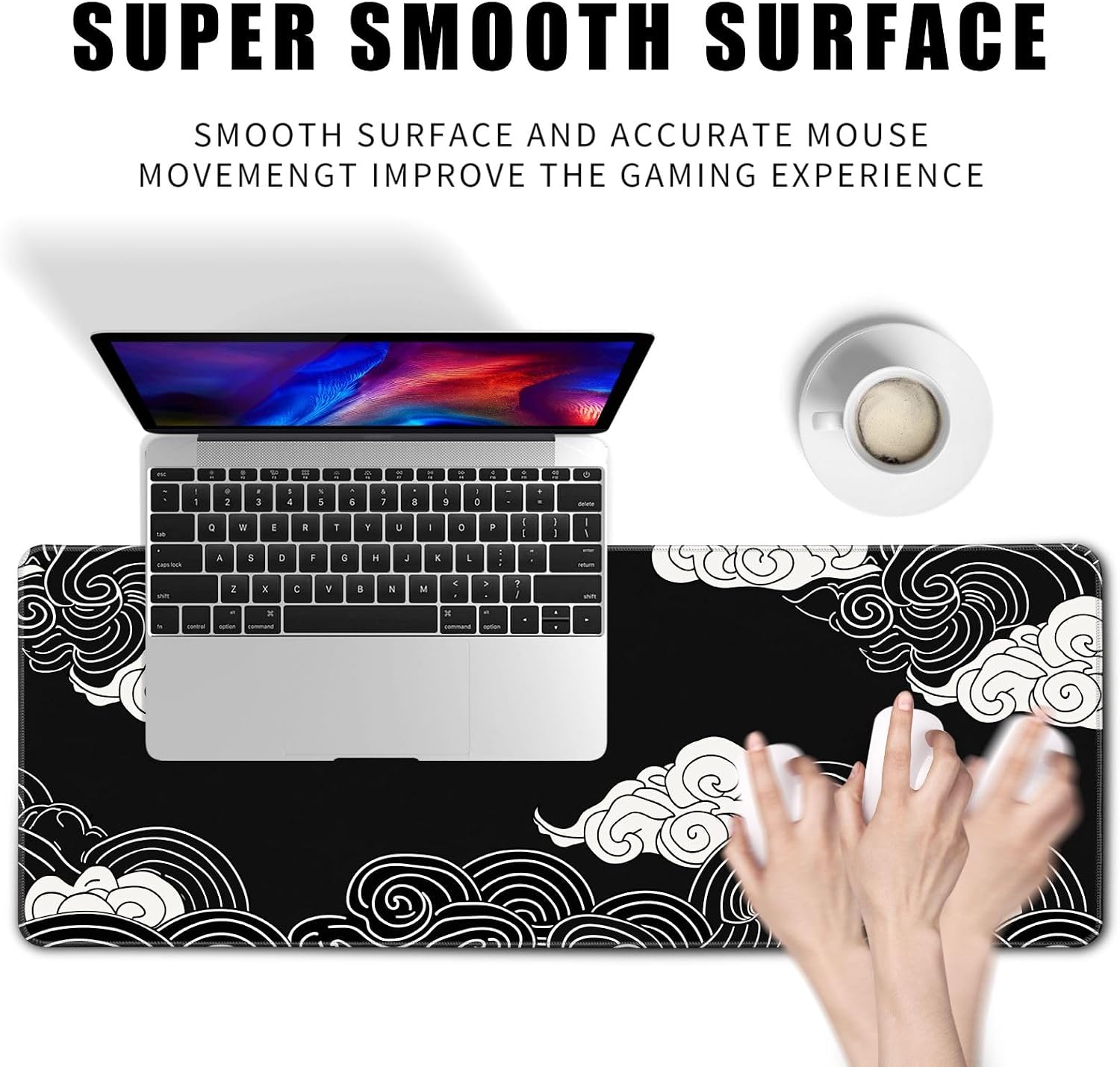 Black and White Anime Clouds XL Mouse Pad - Desk Gaming Mat with Stitched Edges, Non-Slip, 31.5x11.8 in image 2