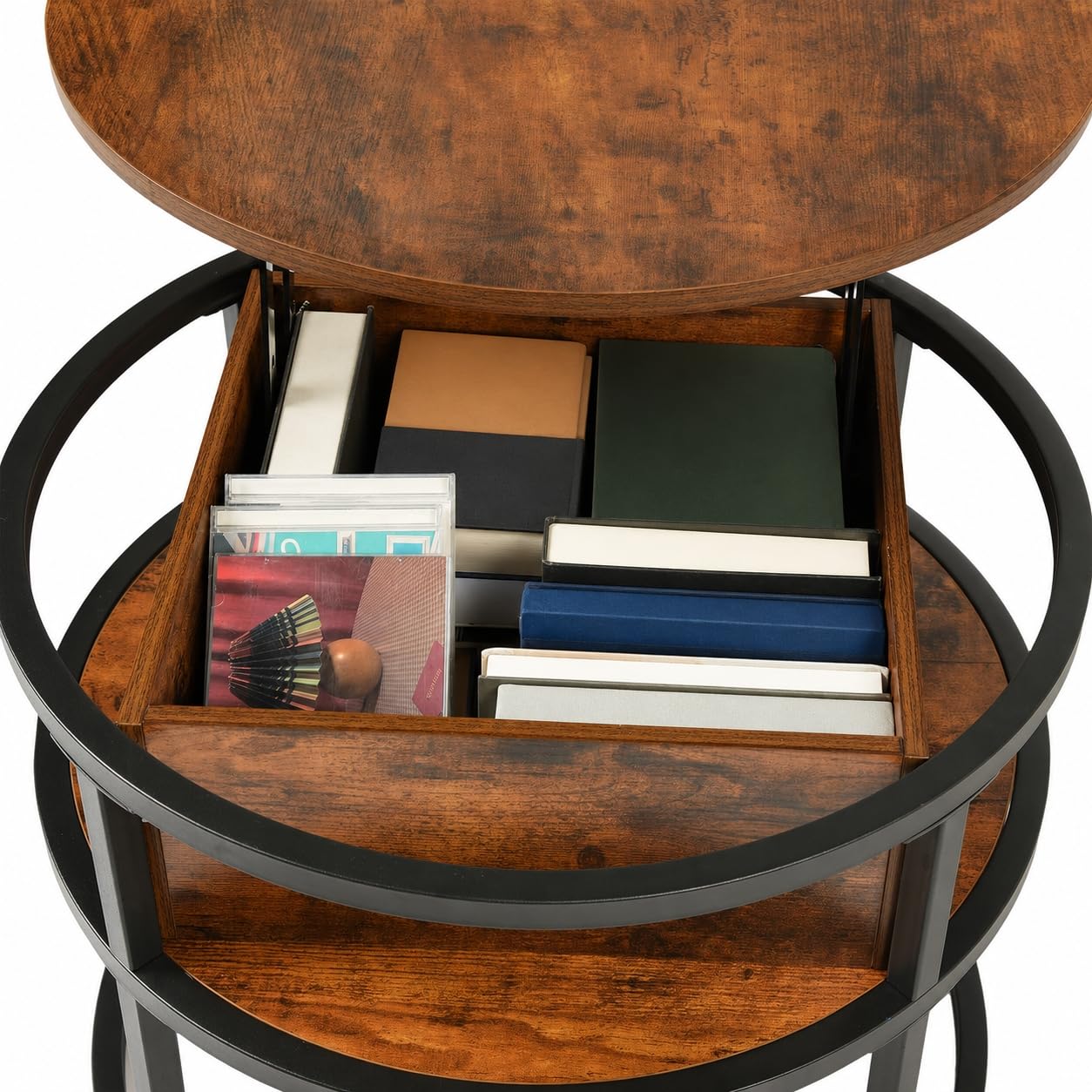 EGGREE Table Basse Relevable avec Rangement Caché,60x60X48cm-62cm,Table Basse Ronde Bois,pour Salon, Bureau,Chambre, Balcon Marron