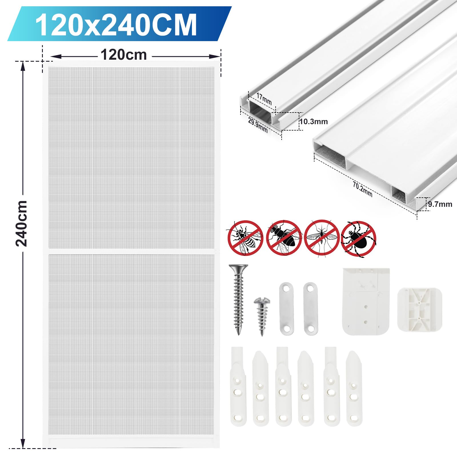 𝗝𝗮𝘅𝗴𝘂𝗼𝗺 Fliegengitter Tür Balkontür 120x240 cm, Insektenschutz Tür mit Alurahmen zur Schraubmontage, zuschneidbar, weiß, mit Bürstendichtung & Magnetverschluss für Terrasse