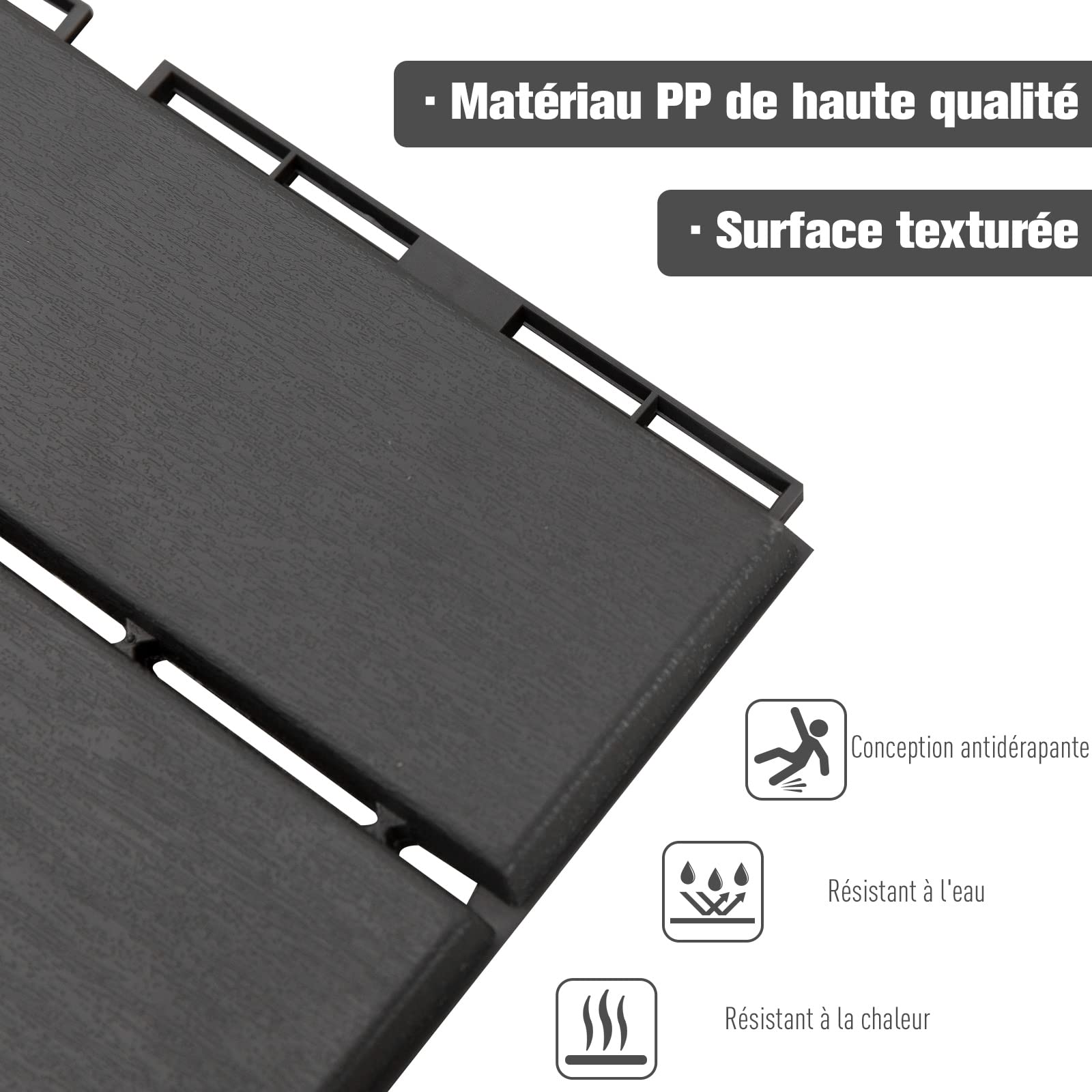 Outsunny Lot de 18 Caillebotis Dalles Terrasse Emboîtables Composite Noir