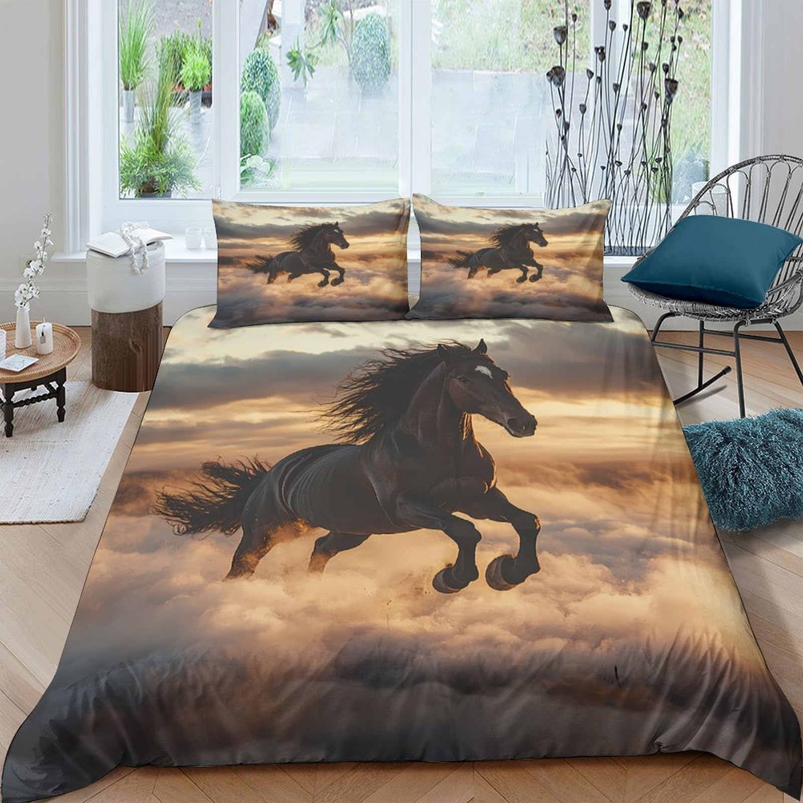 Ctjqhvkz Style-4 3D Printed Black Horse Fitted Sheet Microfiber Sunset Cloud Mattress Cover For Bedroom Guest Room Decor Easy Care Single（135X200cm）