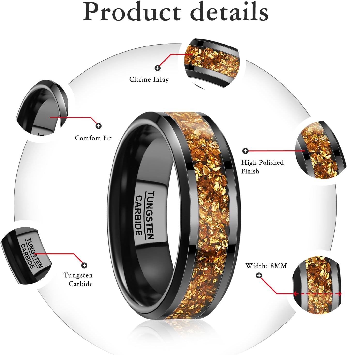 NUNCAD Black Tungsten Ring, Men's Women's Wedding Rings with Citrine/Blue/Amethyst/Galaxy Opal Ring 4mm 8mm Engagement Promise Ring Comfort Fit Size 5-12 - Image 5