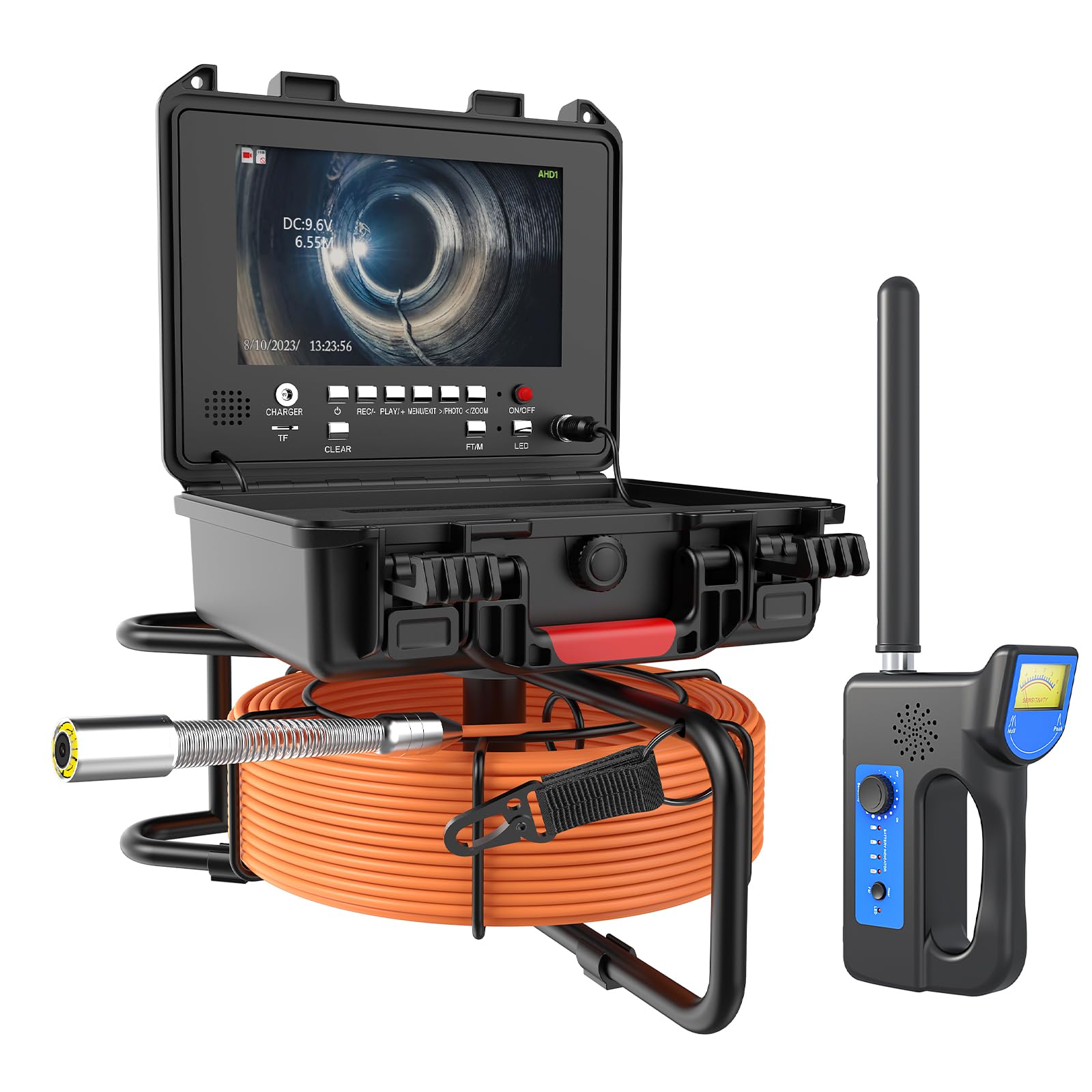Cámara de Alcantarillado con Localizador 512Hz, Cámara Inspección Tuberías Auto Nivelante 23mm 1080P, Pantalla IPS 9", IP68 Impermeable, Contador de Metros, Batería 4500mAh, Tarjeta 32GB