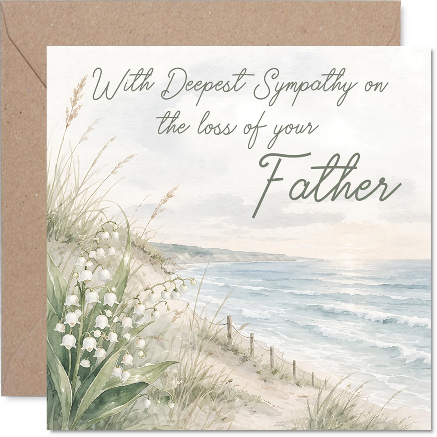 Sympathy Card - Loss of Father - Soothing Coastal Scene - Delicate Flowers and Gentle Hues for a Heartfelt Condolence - 145mm Square, Envelope Included