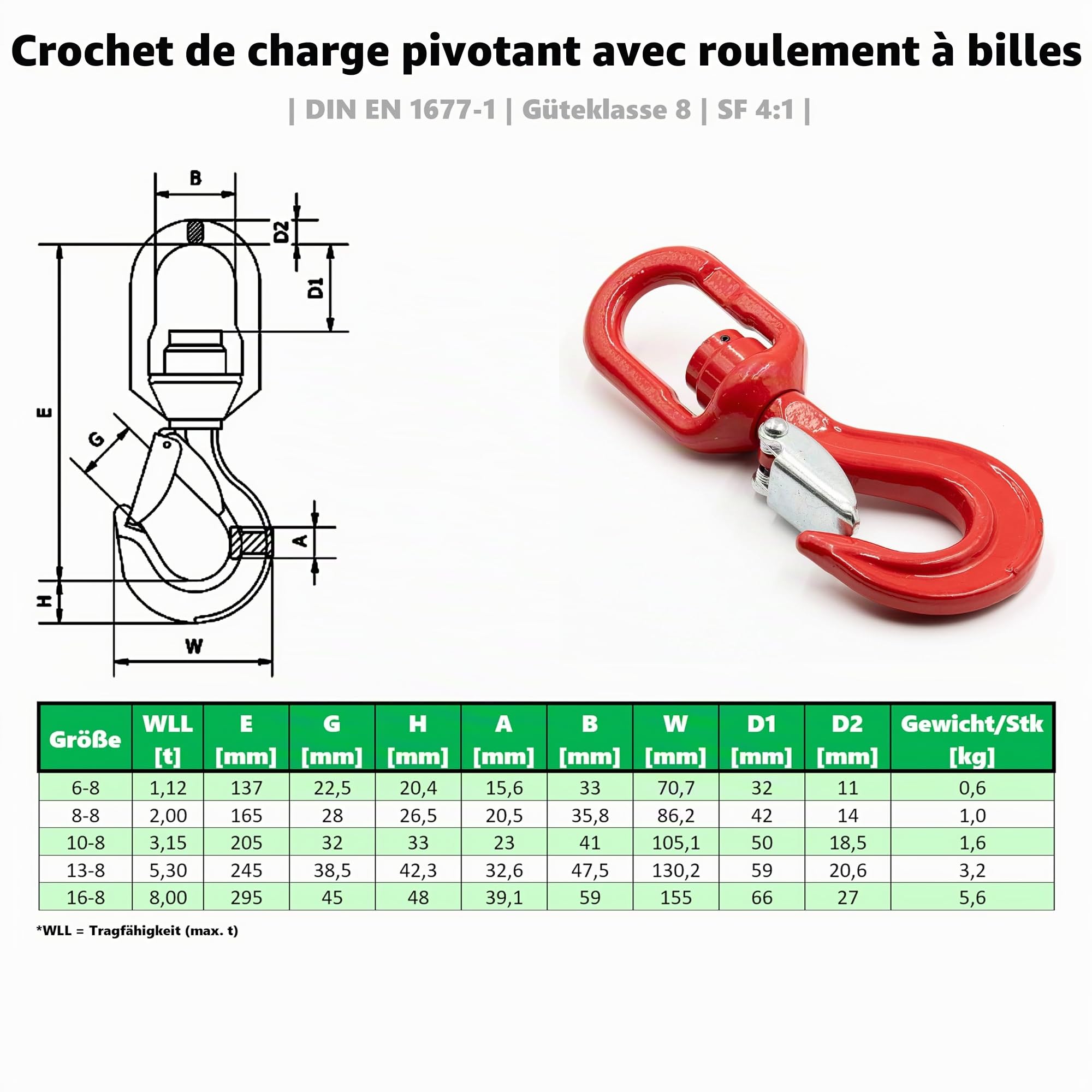 Crochet Pivotant 2000kg Capacité de Charge avec de Sécurité - Crochet de Levage Émerillon - Crochets de Levage avec de Verrouillage avec Roulement à Billes