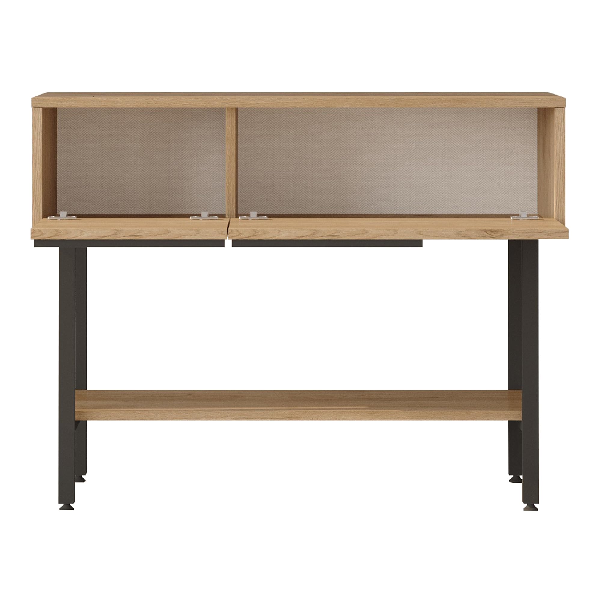 [en.casa] Mueble Recibidor Kvænangen con 2 Puertas Abatibles Consola Mesa de Entrada con 2 Compartimentos Cerrados y 1 Estante Aglomerado Metal 100x30x76 cm - Efecto Roble y Ratán