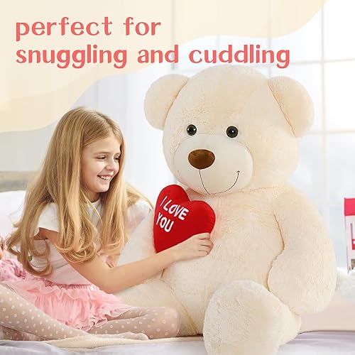 Miniatura 117 de Tezituor Oso de peluche gigante de 4.3 pies, animales de peluche grandes de 52 pulgadas con vientre blanco, regalo de San Valentín para novias