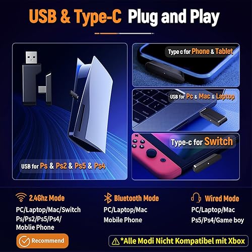 Miniatura 5 de Ozeino Auriculares inalámbricos para juegos de 2.4 GHz para PC, PS5, PS4, audio sin pérdida USB y tipo C, auriculares para juegos ultra estables con