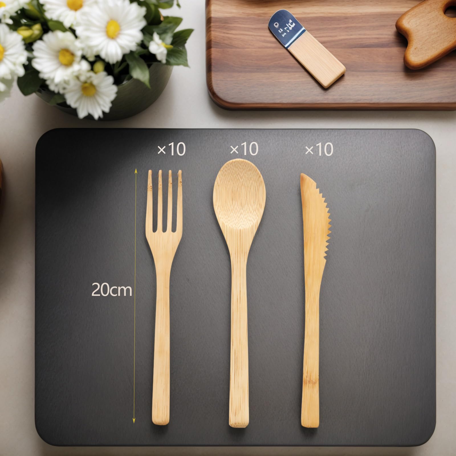 Set di 30 posate in bambù – Set di 10 cucchiai e 10 forchette, in legno riutilizzabile, durevole, smontabile