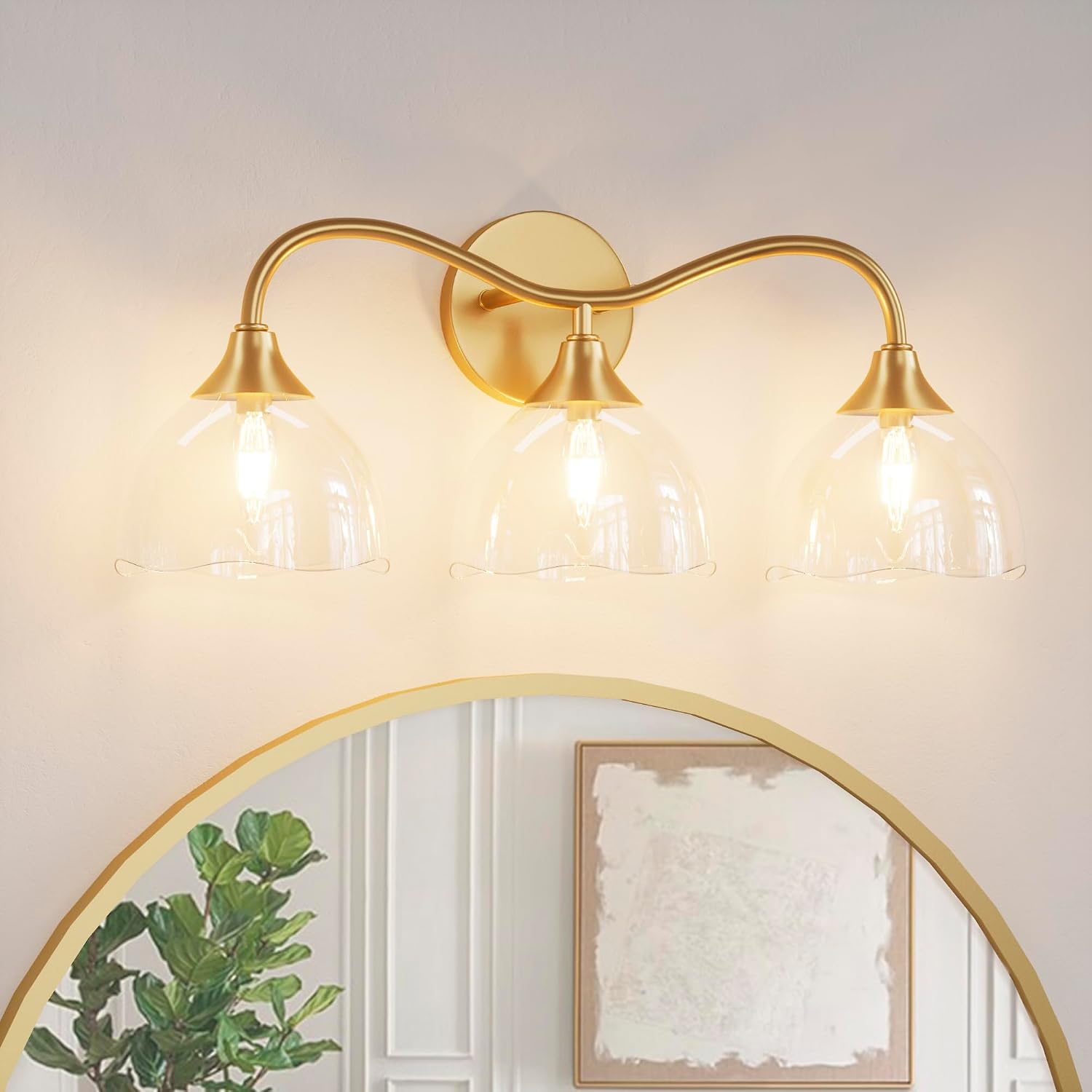 Maxax 3-Light Bathroom Vanity Light, Gold Wall Sconce with Clear Glass Shade, Refined Transitional Over Mirror Lighting, Wave Arm, E12 Base, Dimmable