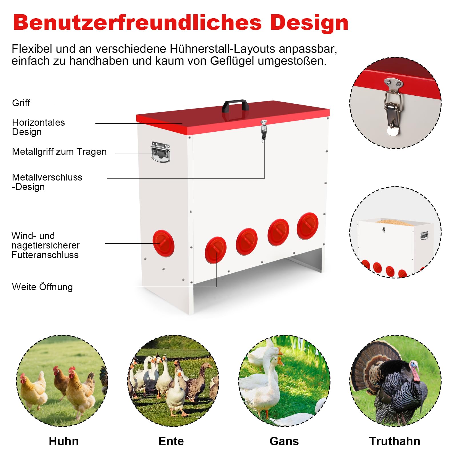 Futterautomat für Hühner 45.2 kg, Großvolumiger Hühnerfutter Automat mit 10 Futterstellen, Reduziert Futterverlust, für Hühner, Enten und Gänse