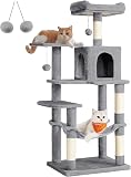 Feandrea Cat Tree Tower, 143 cm Multi-Level Plush Cat Condo with 4 Scratching Posts, 2 Perches, Cave, Hammock, Pompoms, Light Grey PCT161W01 - 1