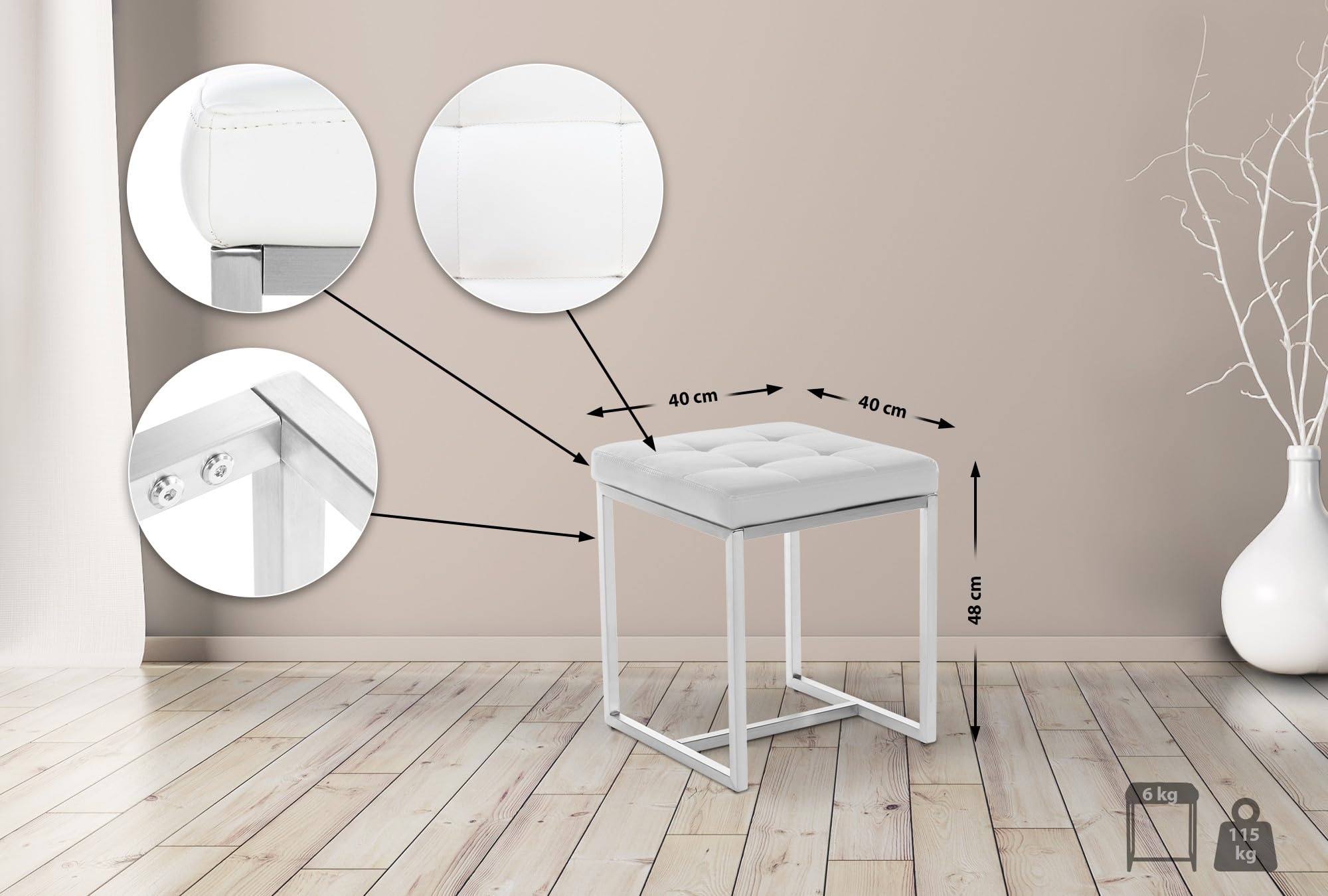CLP Taburete Bajo Barci En Simil Cuero I Taburete De Entrada con 48cm Altura De Asiento I Taburete Cuadrado con Base De Acero INOX. I Color:, Color:Blanco