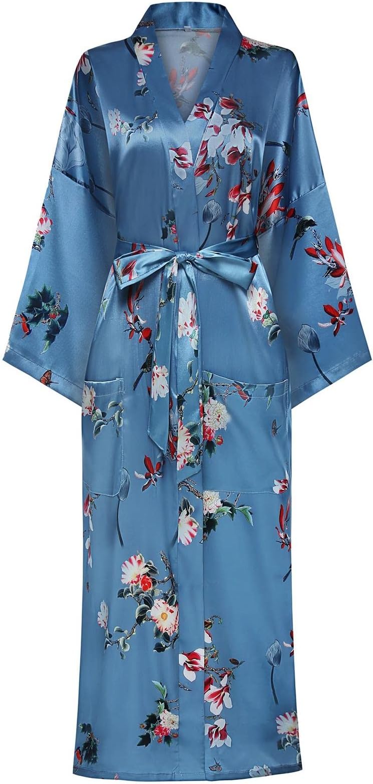 DandyChic Women's Long Floral Satin Robes Imitation Silk Sleepwear Bridal Dressing Gown for Bridesmaid Nightgown