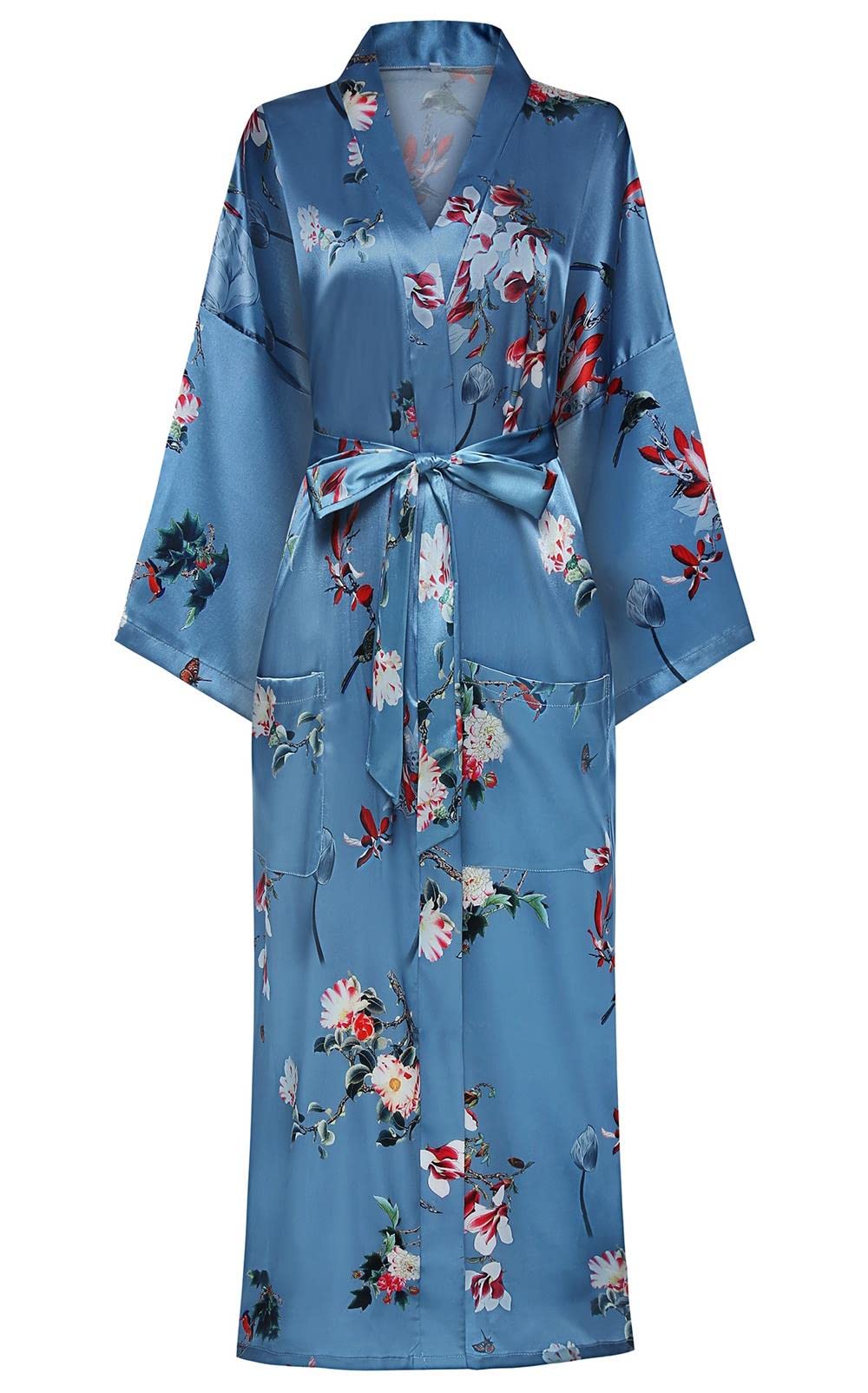 DandyChic Women's Long Floral Satin Robes Imitation Silk Sleepwear Bridal Dressing Gown for Bridesmaid Nightgown