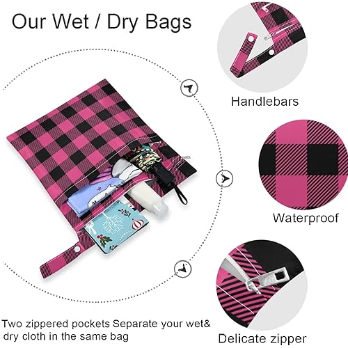 Miniatura 5 de visesunny Pink Buffalo Plaid Classic Pattern - Bolsa húmeda de 2 piezas con bolsillos con cremallera, lavable, reutilizable, espaciosa para viajes,