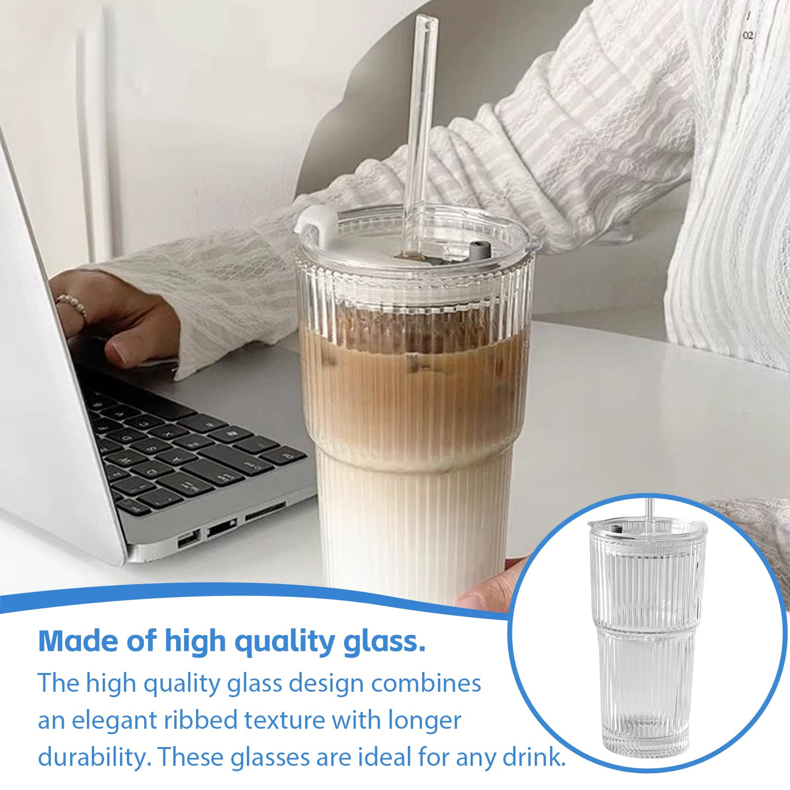 2 Stück 400ml Glasbecher Mit Deckel | Teegläser Mit Trinkhalm | Bernsteinfarben