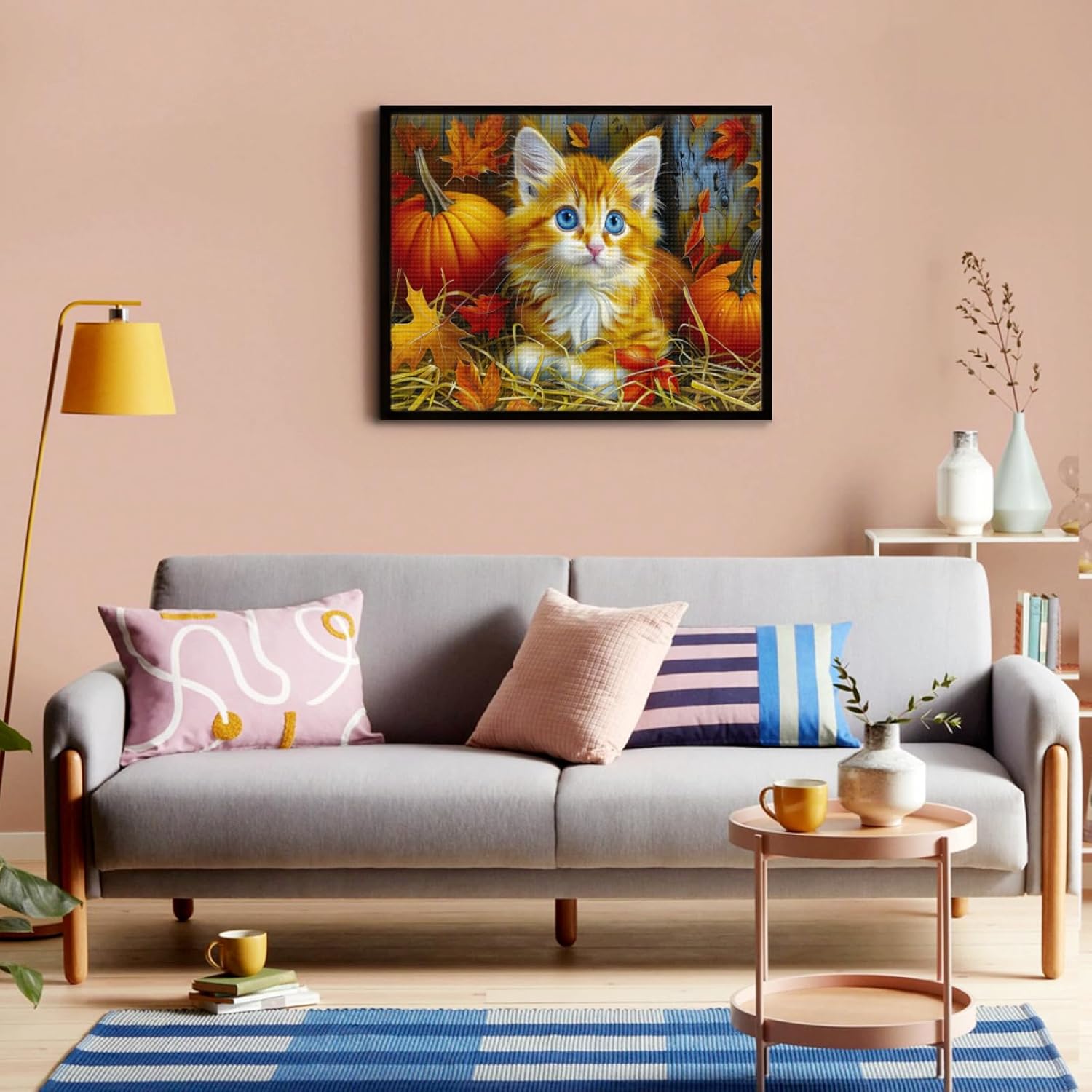 IMLQJES 5D Cat Diamond Painting Kits - Cat Hay Pumpkin Full Square Drill DIY Diamonds Art Halloween Crystal Embroidery Cross Stitch Art Craft Thanksgiving Wall Office Decor 16x20 Inch