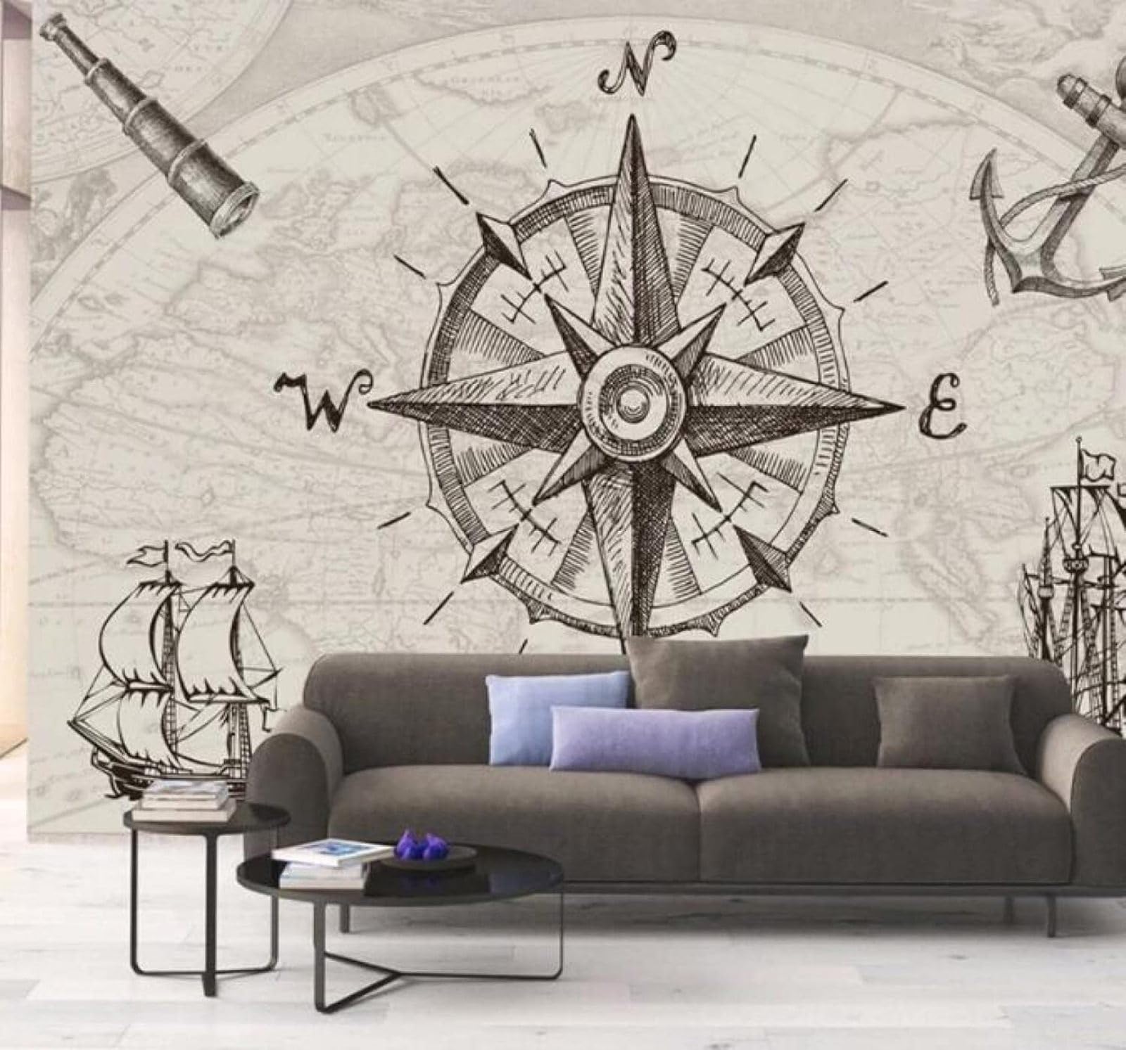 XLMING Vintage Hand Painted Nautical Map Sailing Ship Ship’S Anchor 3D Wallpaper Luxury Home Dining Decor Paste Sofa Living Room The Wall for Bedroom Mural-430cm×300cm