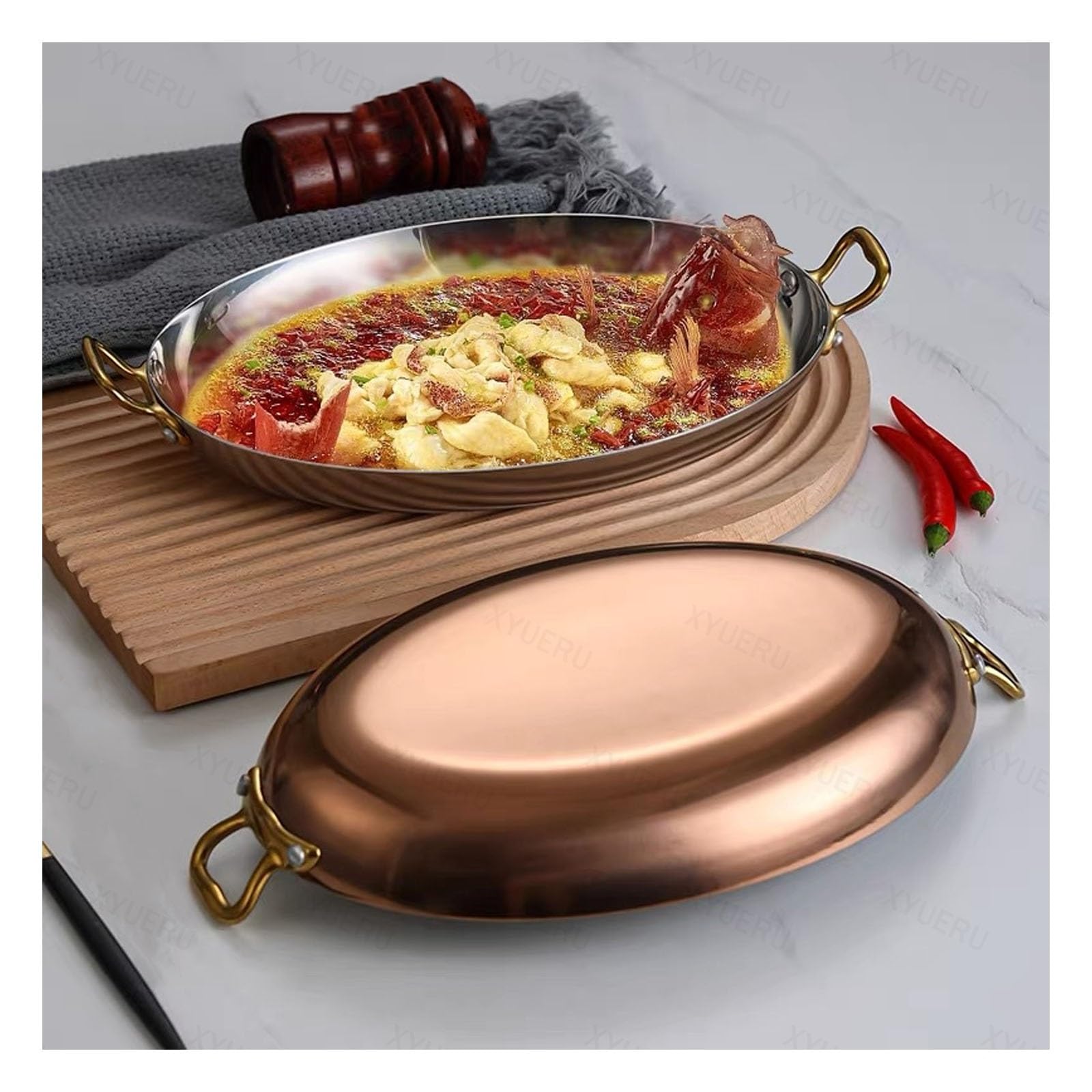 Padella per paella per frutti di mare, pentole in acciaio inox con doppi manici, teglia ovale per uso domestico e ristorante