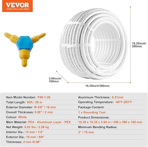 Miniatura 7 de VEVOR Tubo PEX-AL-PEX, tubo compuesto de aluminio y plástico de 82 pies, tubo compuesto de aluminio y plástico de 58 pulgadas de diámetro, tubo PEX