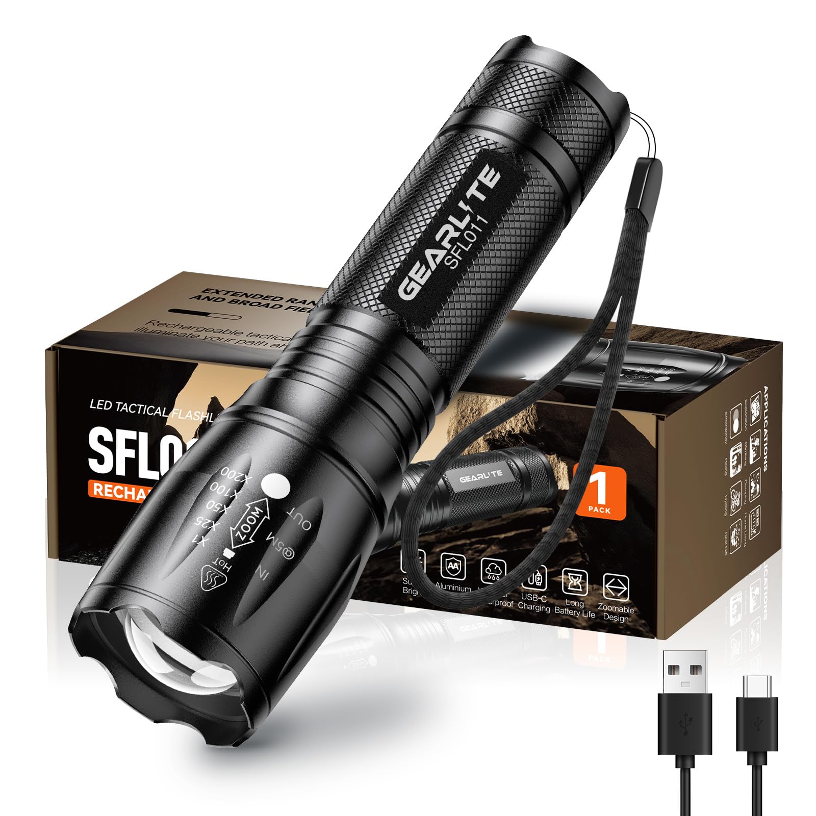 GEARLITE LED Torch Rechargeable, 2000LM Zoomable Rechargeable Torch with 3 Modes, Long-Lasting IP65 Waterproof Torches Led Super Bright for Camping, Hiking, Emergencies - Gifts for Men Dad Kids