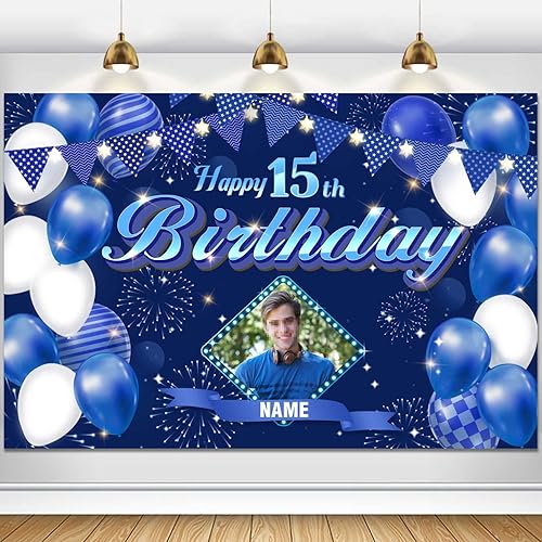 Fondo de decoración de feliz cumpleaños 15 azul marino, letrero de fondo de cumpleaños con purpurina, pancarta de feliz cumpleaños, suministros para