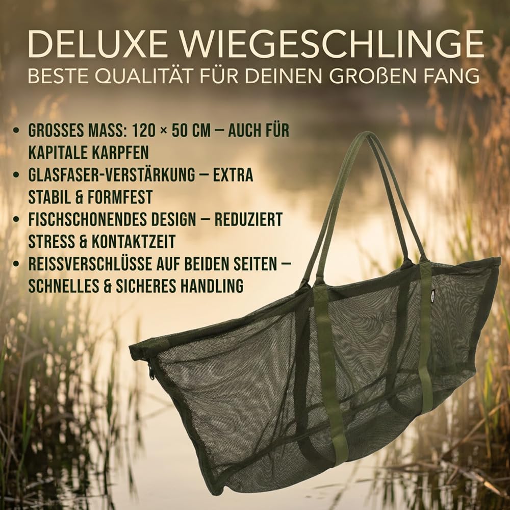 G8DS Carp Sling System 120 × 50 cm – Karpfen Wiegeschlinge mit Glasfaserstäben, Reißverschlüssen & Transporthülle, fischschonend & stabil Karpfen Wiegesystem
