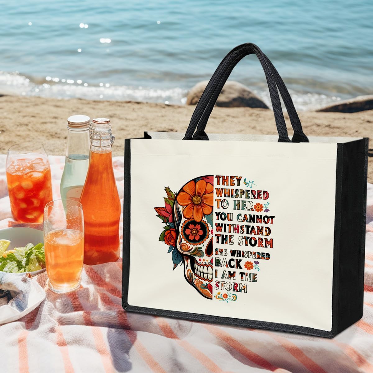 Mexican Sugar Skull Canvas Tote Bag for Women, Aesthetics Tote Bag, I Am The Storm, Sugar Skull Gifts for Women Dia De Los Muertos Reusable Mother's Day Gifts Beach Bags -07 - Image 3