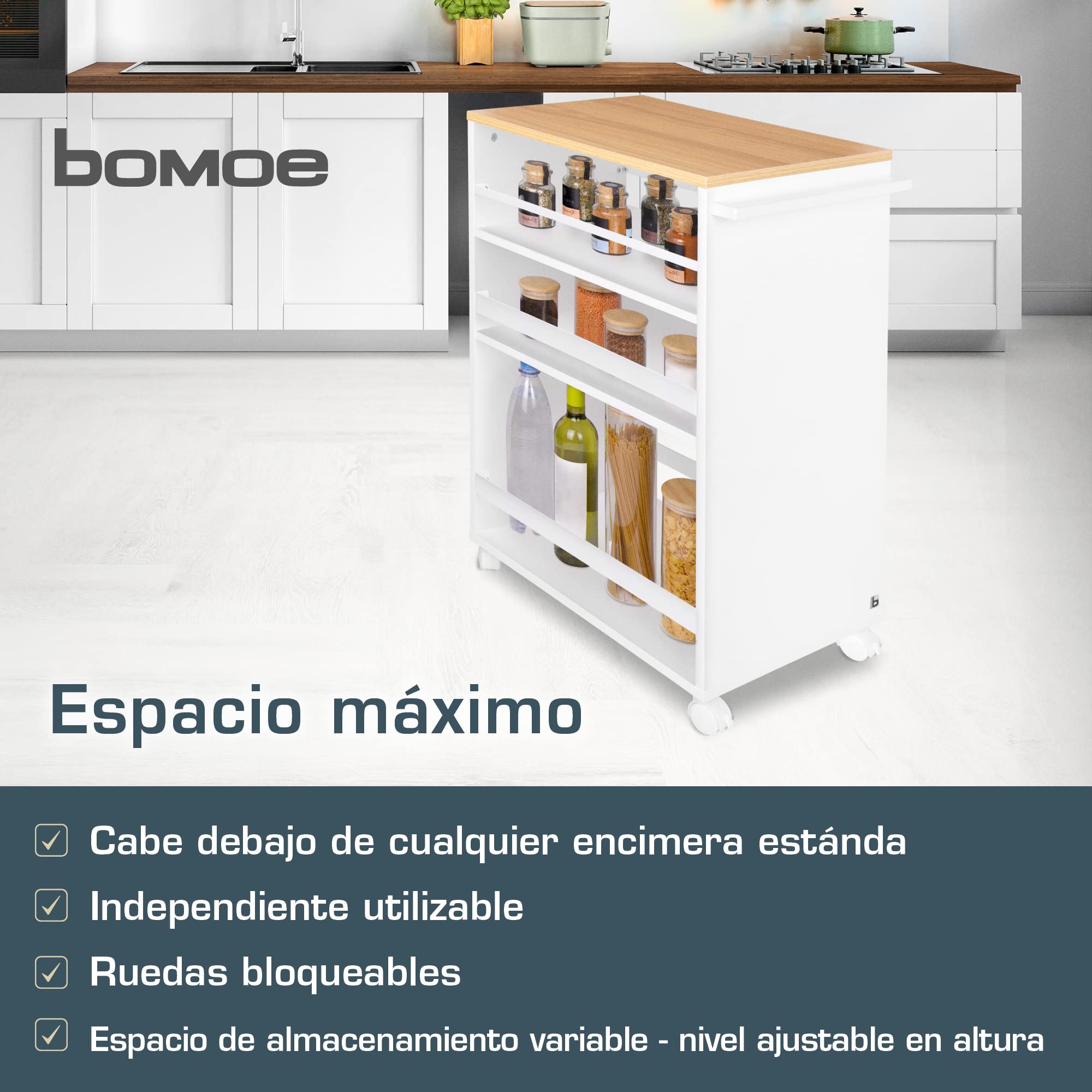 bomoe Carro de Cocina con 4 Ruedas de Servicio 3 Niveles Ajustables Madera | Roble y blanco encimera FSC® de baño de nicho independiente 3 carron carrito mueble auxiliar Bengt
