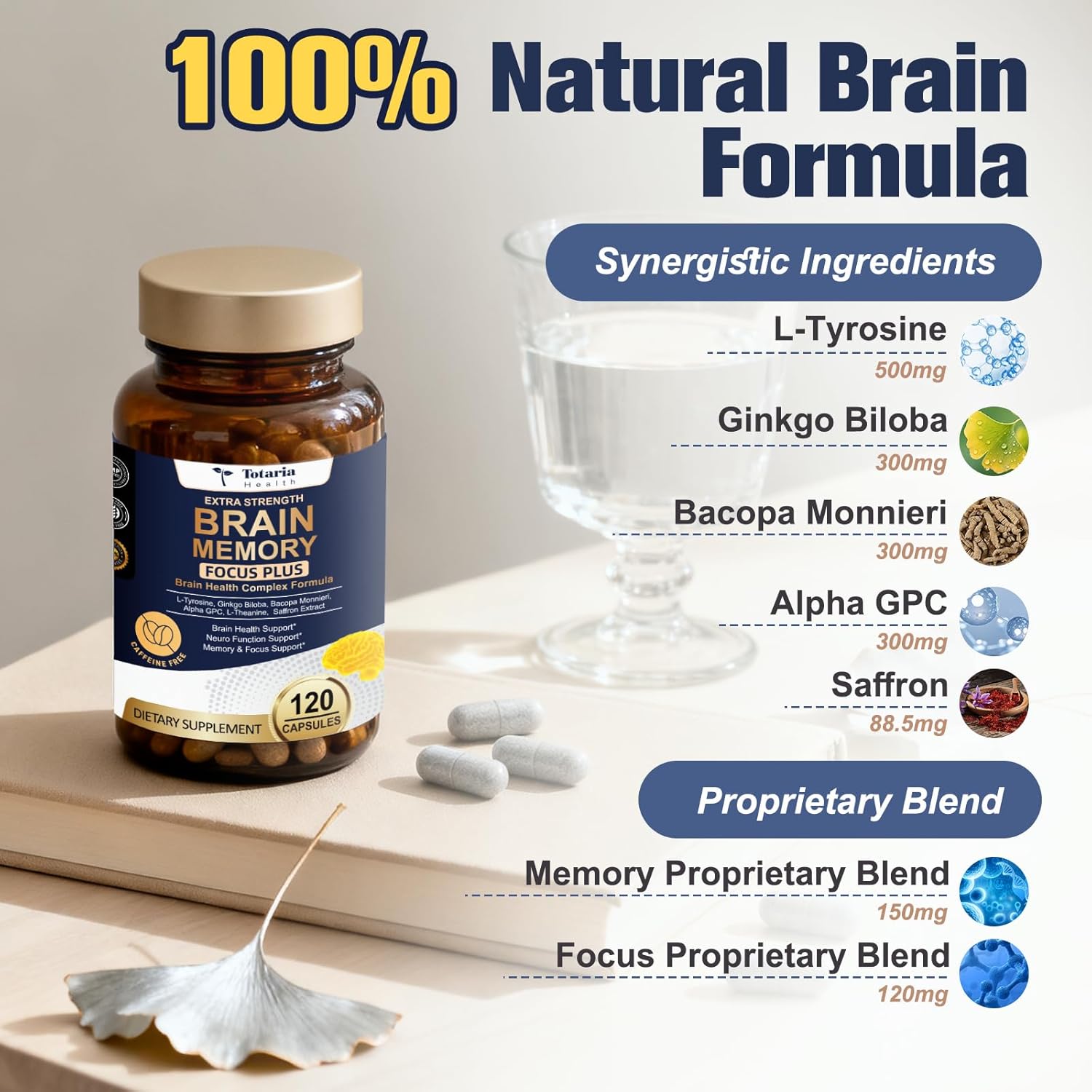 Totara Brain Supplements for Memory and Focus丨Non-Caffeinated Energy with L-Tyrosine, Alpha GPC, Ginkgo Biloba, Bacopa Monnieri, Saffron – Gluten Free, Non-GMO for Neuro & Brain Health (120 Counts) - Image 2