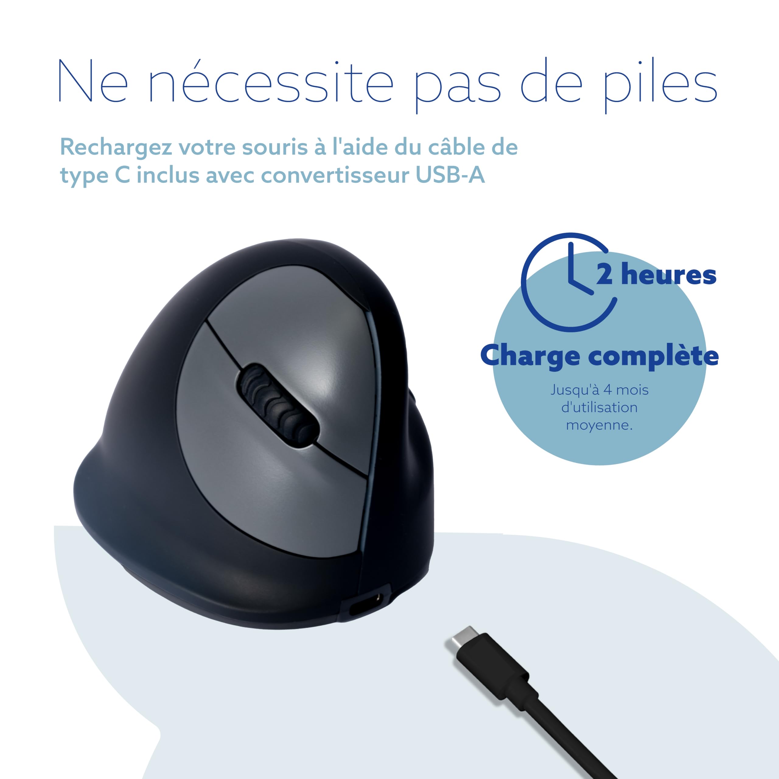 R-Go HE Break Souris Ergonomique sans Fil, pour Petite Main, Bluetooth 5.0, Clic Silencieux, avec Logiciel Anti-Tendinite, Souris Verticale Rechargeable, 2400 DPI réglable et 5 Boutons, Noir