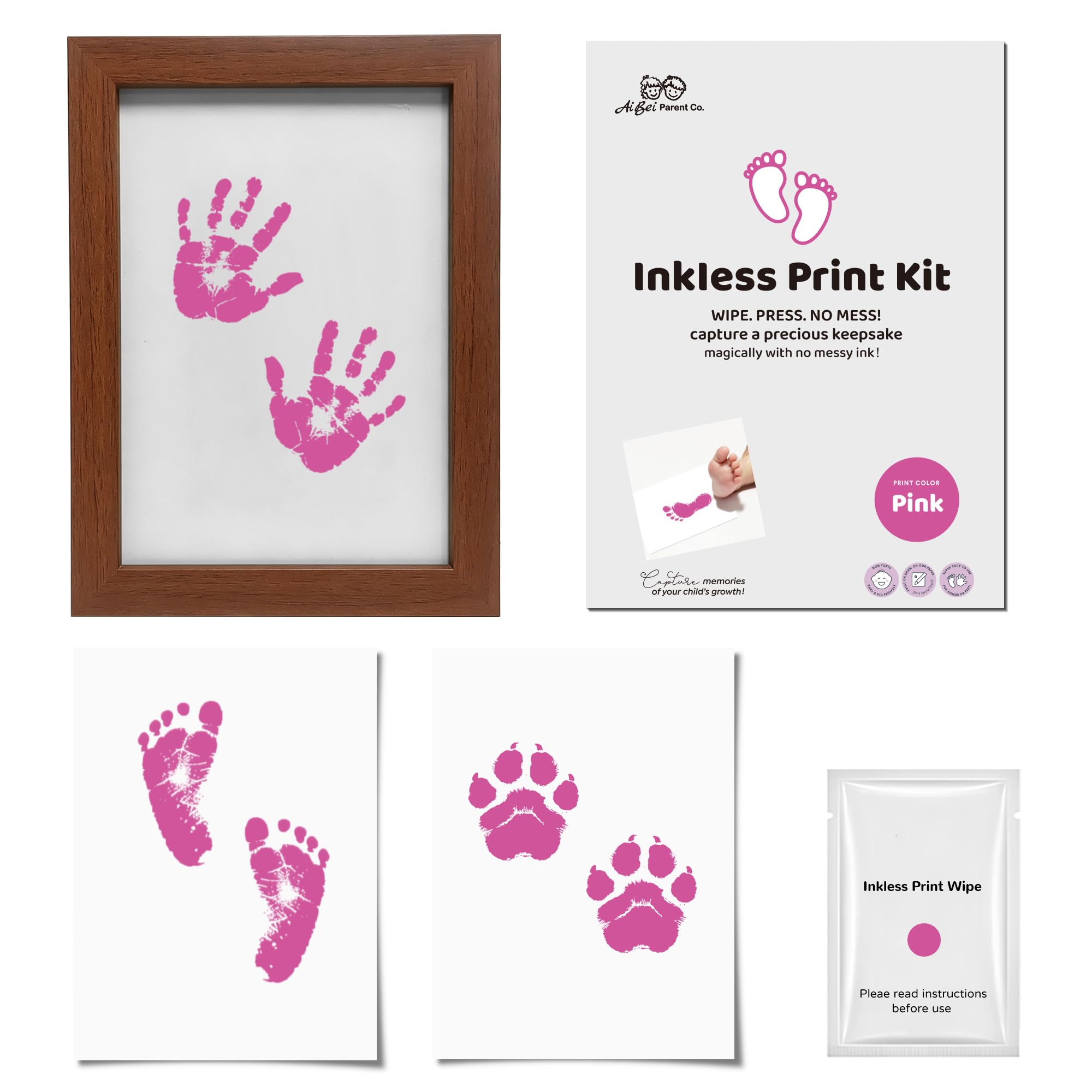 Kit Empreinte Bébé Pieds et Mains Clean Touch Encreur Sans Kits Nouveau-Nés avec 1 Cadre Photo Rose