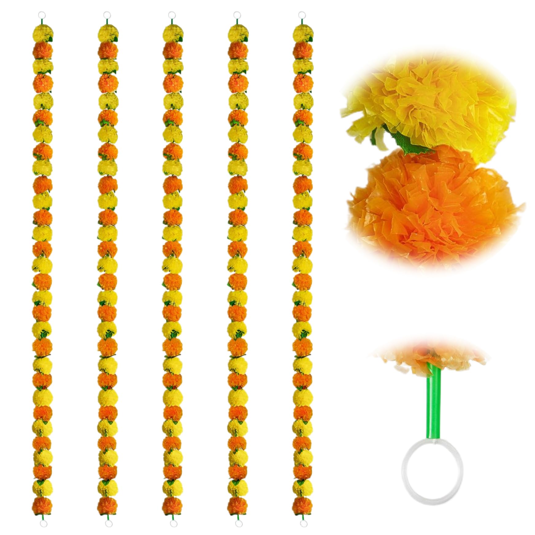 NASSMOSSE 5Pcs Marigold Garland, 5ft, Orange, Diwali