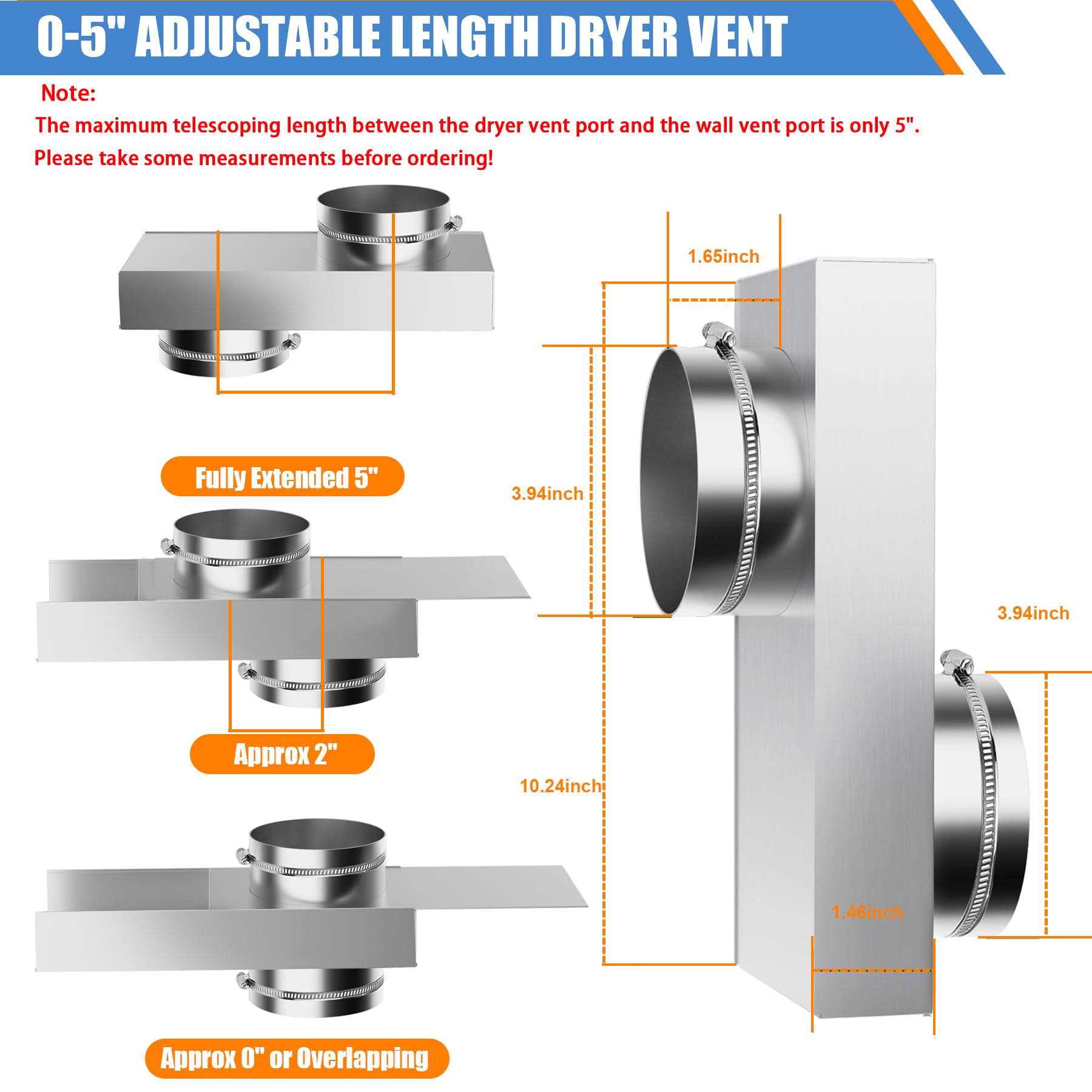 84049 Periscope dryer vent, 0-5"Adjustable Dryer Vent Connector Kit, Short Small Telescoping Exhaust Vent Hose Adapter Close to the Wall Space for 4" Low Profile Space-Saving Replacement Vents - 2