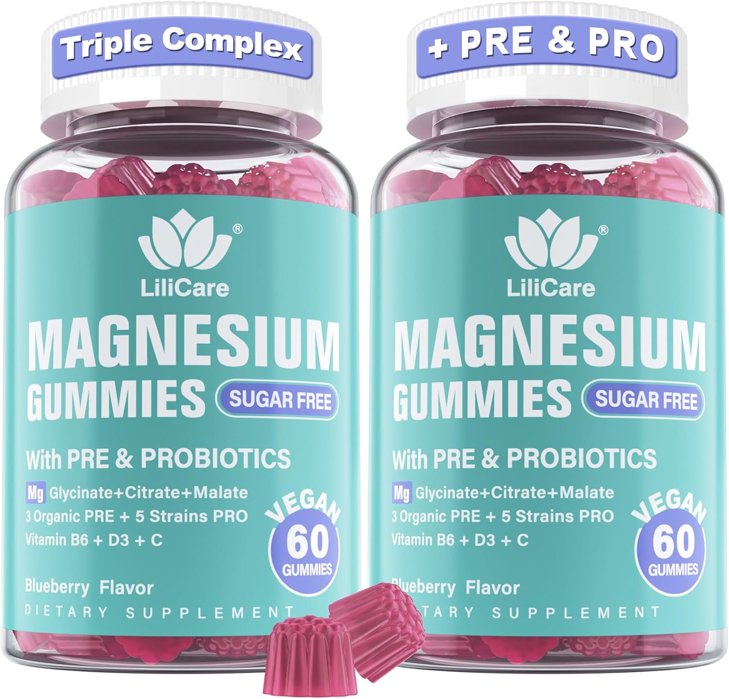 Magnesium Complex Gummies 400 mg for Women Men with Prebiotics and Probiotics, Triple Calm Magnesium Glycinate Malate Citrate Gummy Supplement for Relaxation & Digestive Health-Sugar Free, Vegan 120ct