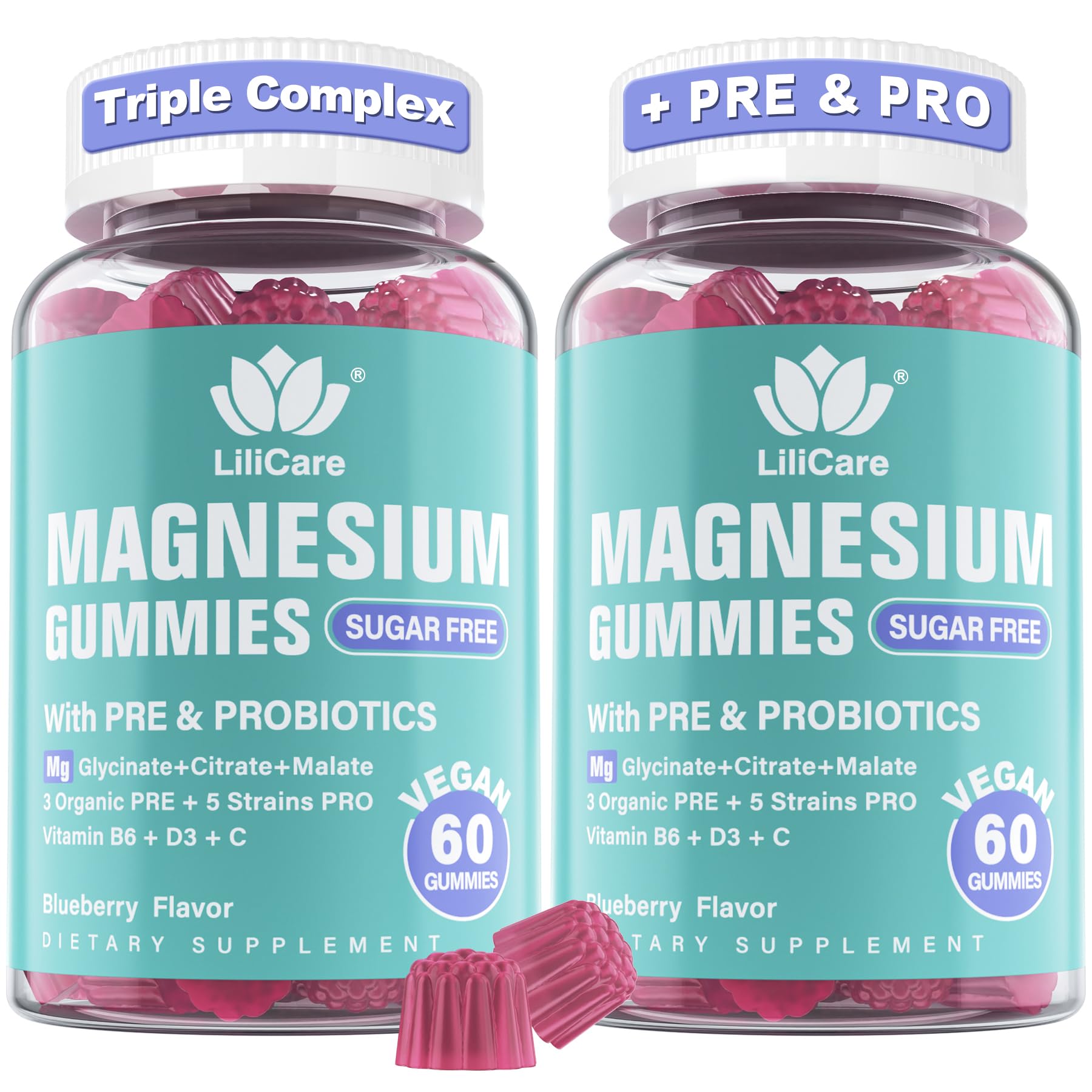 - Magnesium Complex Gummies 400 mg for Women Men, Triple Calm Magnesium Glycinate Malate Citrate w/Prebiotics & Probiotics, Vitamin B6 D3, Chelated Magnesium Supplement Gummy - Vegan, Sugar Free, 120Ct