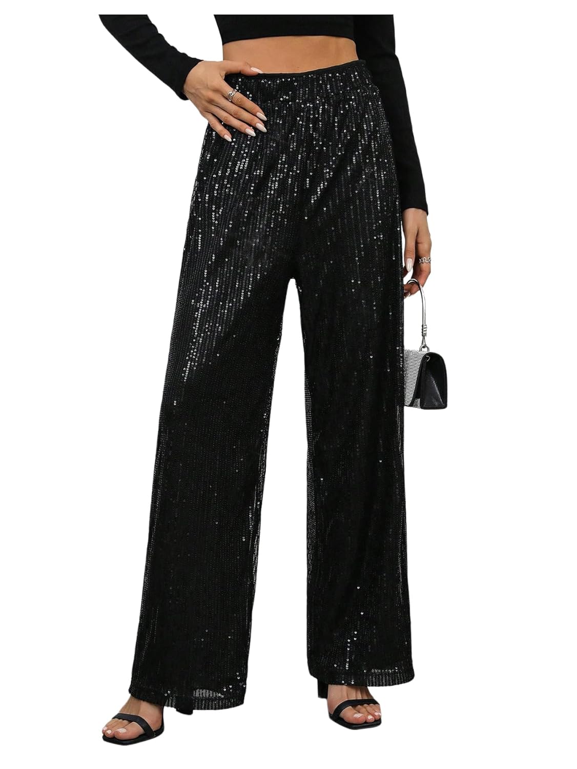 WDIRARA Womens Sequin Sparkle Pants Elastic Waist Wide Leg Party Club Trousers