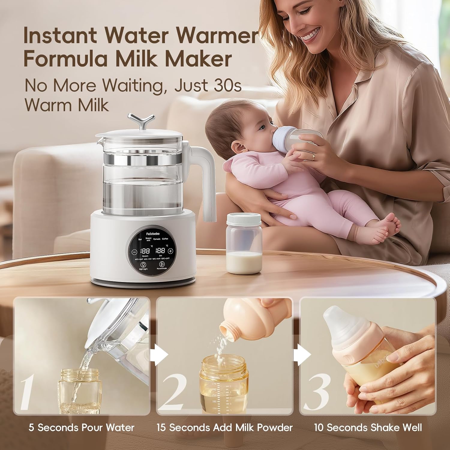 Baby Instant Warmer, Baby Milk Warmer Glass Electric Kettle Boiler with Night Light, Accurate Temperature Control for Formula, 1.2L Glass Water Warmer Breastmilk,Boil Coffee,Tea, 24H Insulation White