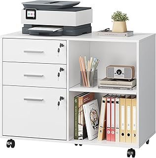 DEVAISE Rollcontainer abschließbar mit 3 Schubladen und offenen Fächern, Schreibtisch Schrank für Büro, Home Office, Rollcontainer Weiß für DIN A4/Legal/Letter,Weiß