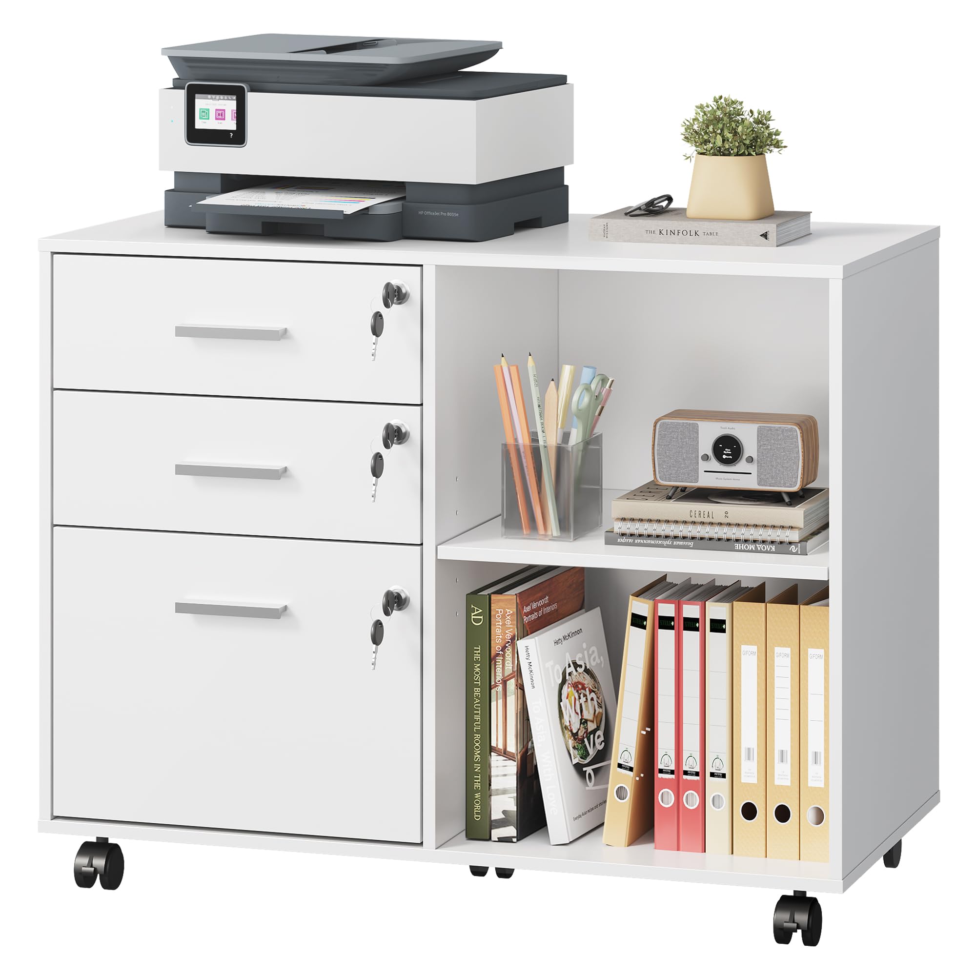 DEVAISE Caisson de Bureau Roulant 3 Tiroirs et étagères ouvrantes, Meuble Imprimante Rétro avec Plateau Bois, Meuble Rangement Bureau Mobile, Blanc