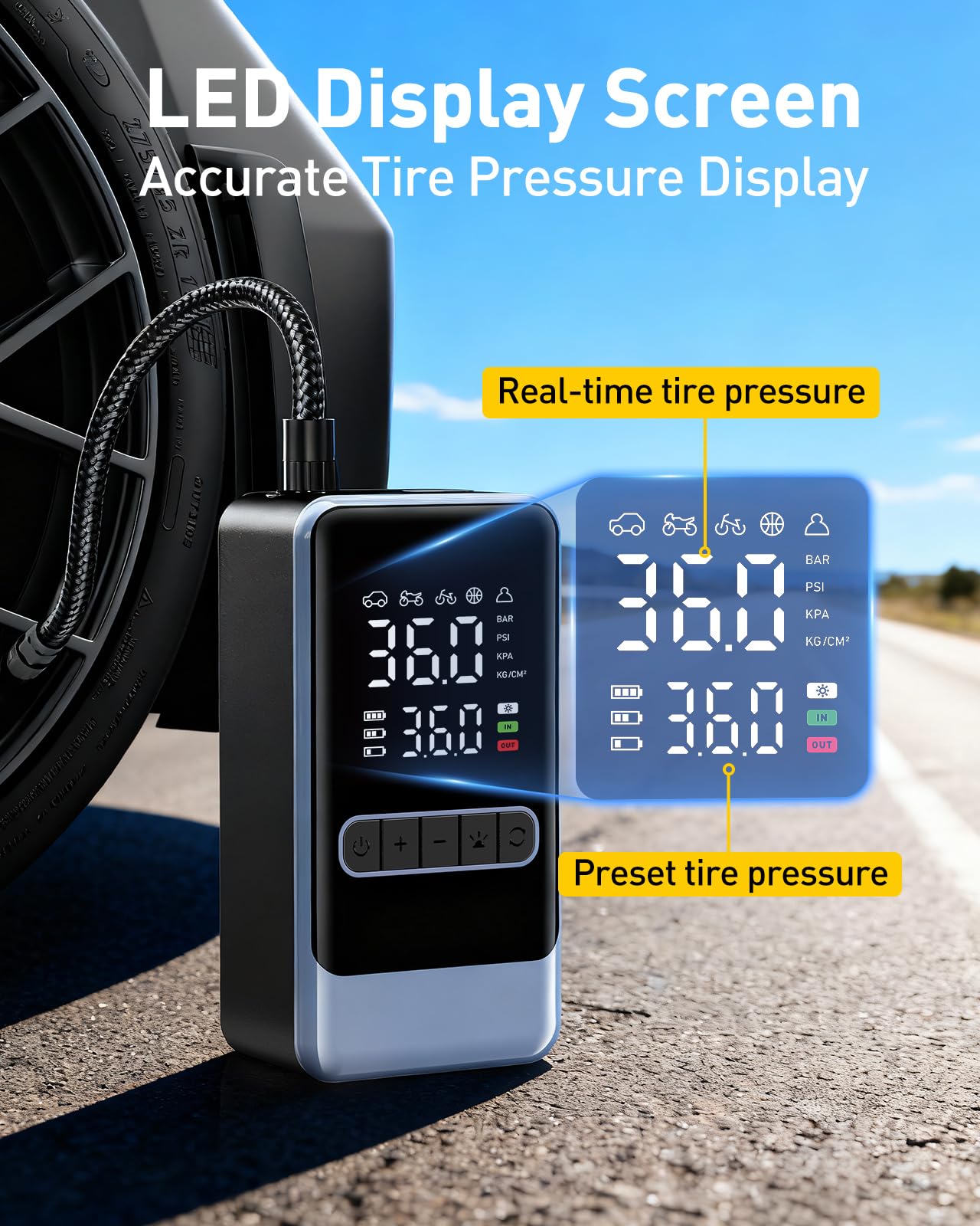 Tire Inflator Portable Air Compressor, 150PSI Cordless Air Pump for Car Tires, Electric Bike Tire Pump with Digital Pressure Gauge and LED Light, Portable Tire Inflator for Car, Moto, Bicycle